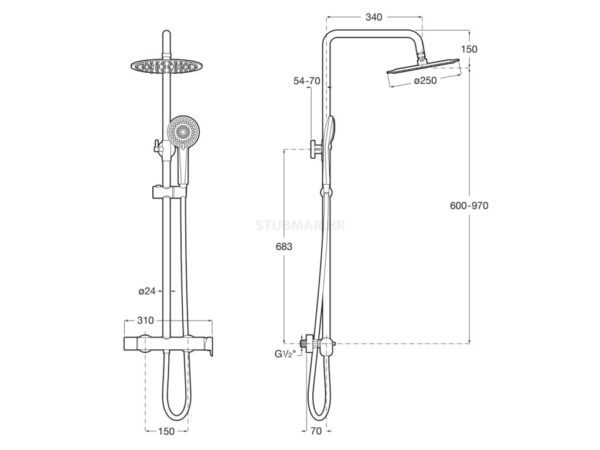 Vega Plus usponski tuš set, 250mm, crna mat - Slika 5